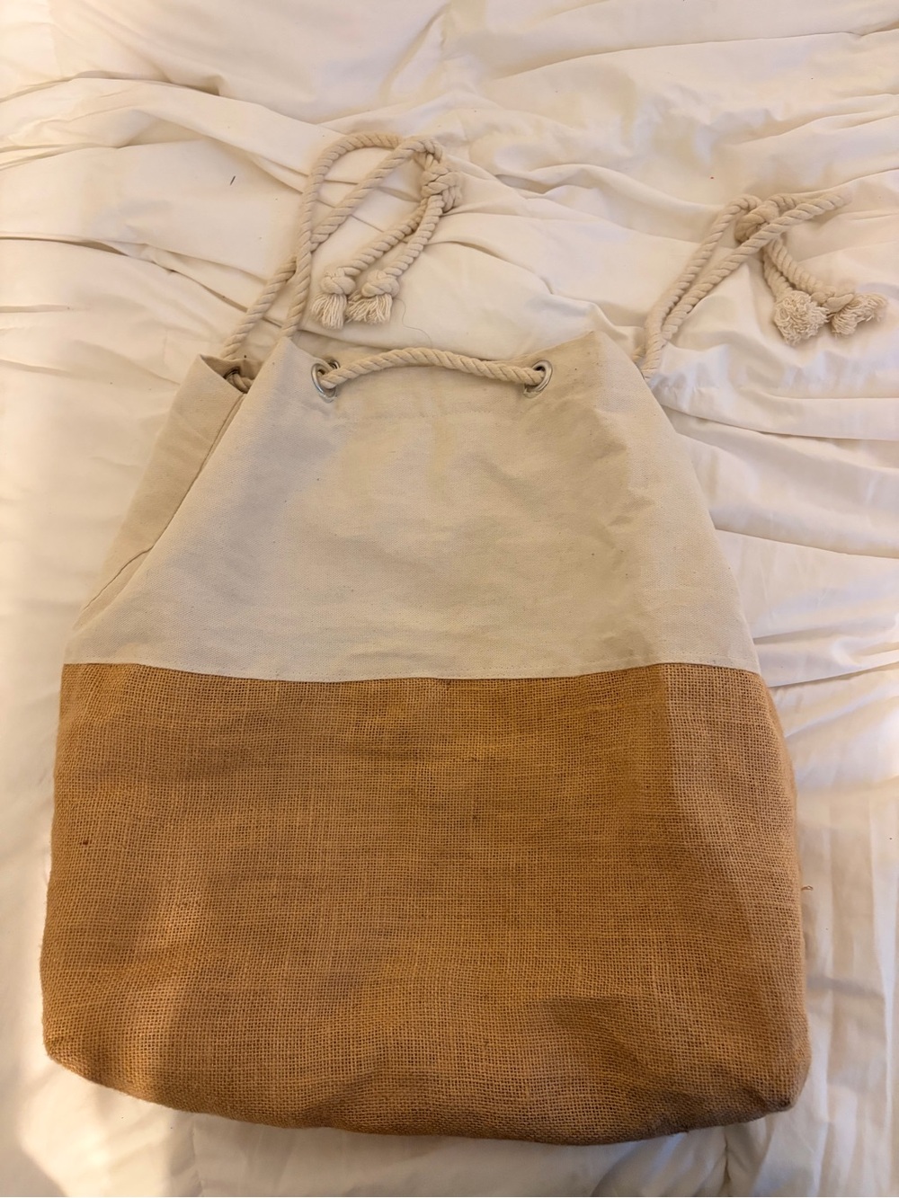 Two-Tone Canvas & Burlap Tote Bag - Cream and Tan